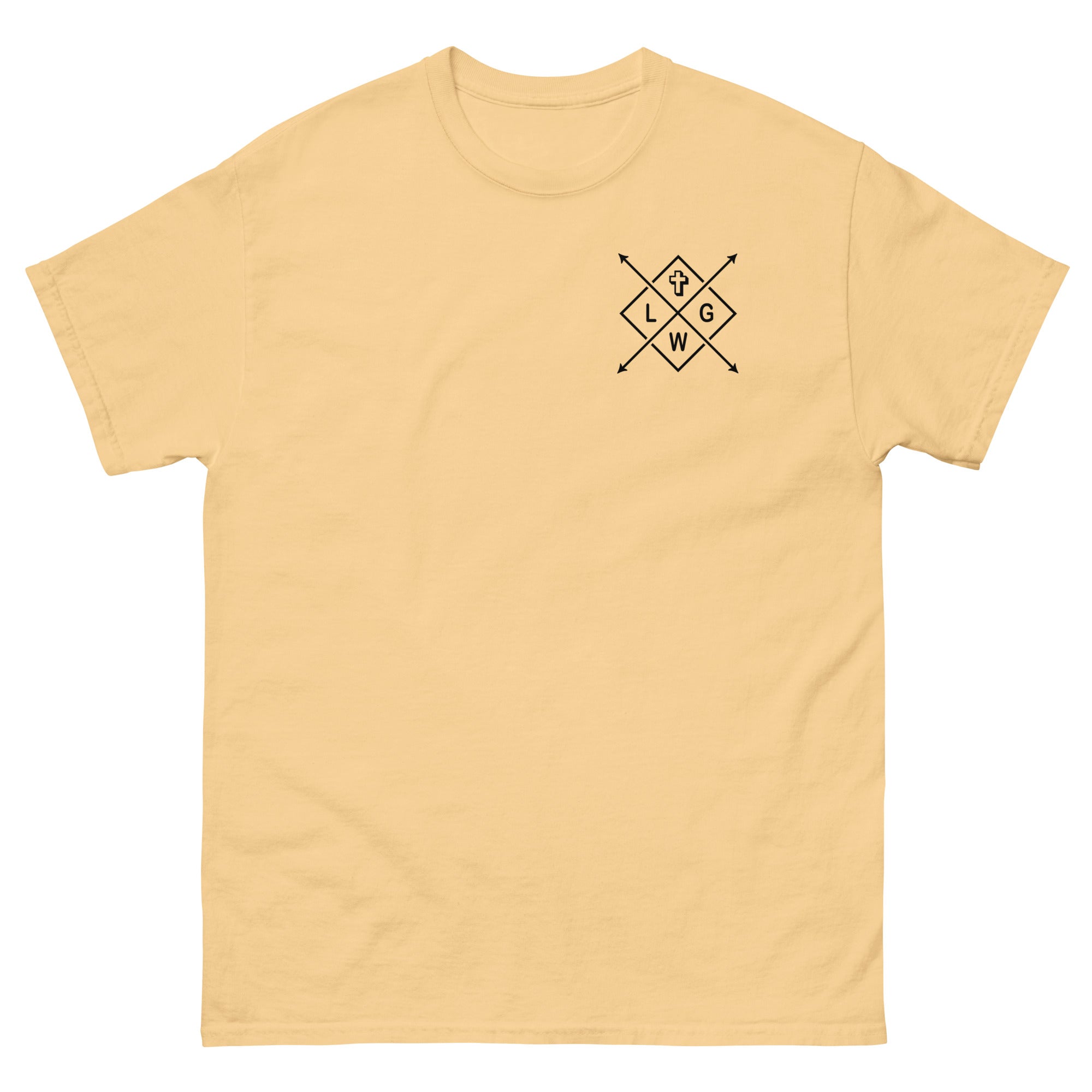 Yellow Christian T-shirt featuring a unique logo design on the front for casual wear