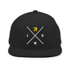 Black snapback hat with white and yellow logo design representing faith for Christian Jewelry enthusiasts
