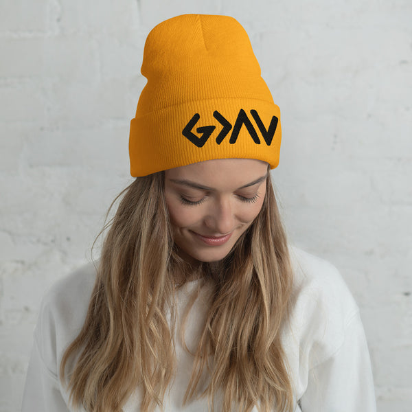 God Greater Than Highs and Lows 3d Puff Embroidered Cuffed Beanie, Christian Beanie, Christian Apparel