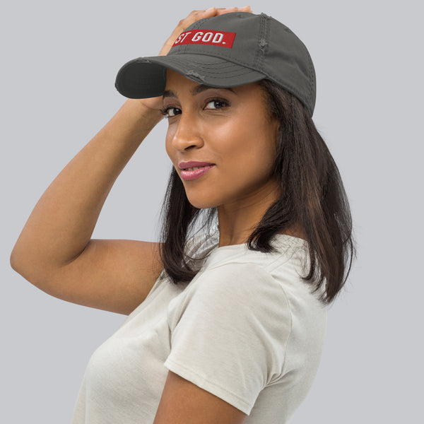 Just God. Embroidered Distressed Dad Hat, Red/White