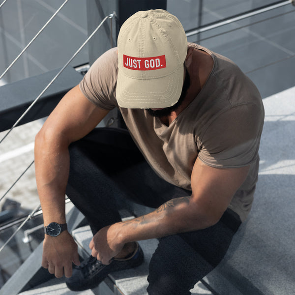 Just God. Embroidered Distressed Dad Hat, Red/White