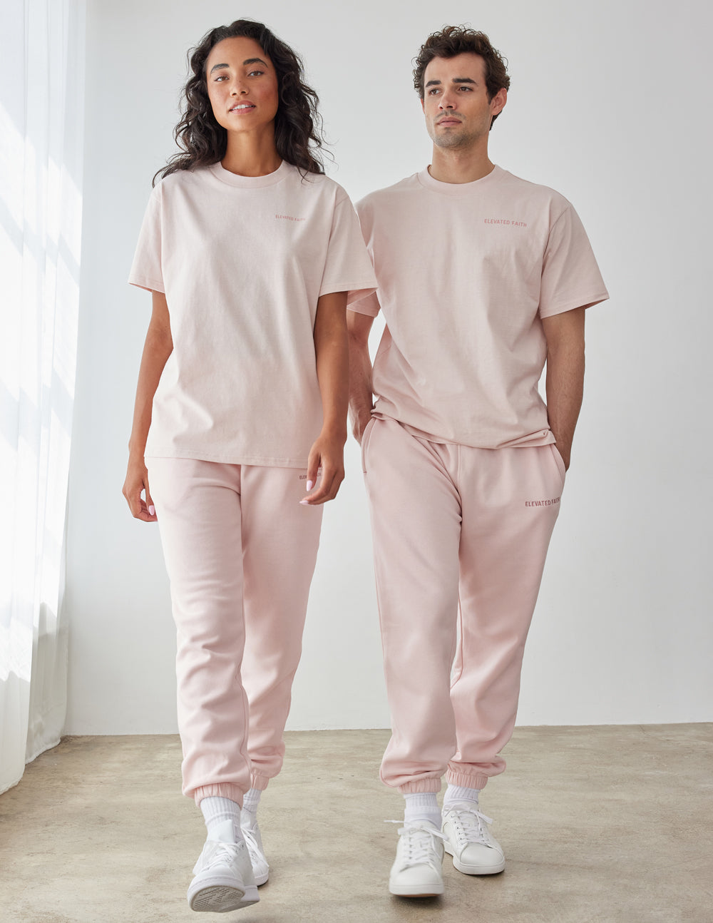 Elevated Faith Christian Apparel T-Shirt in soft pink, styled for a casual look with matching pants
