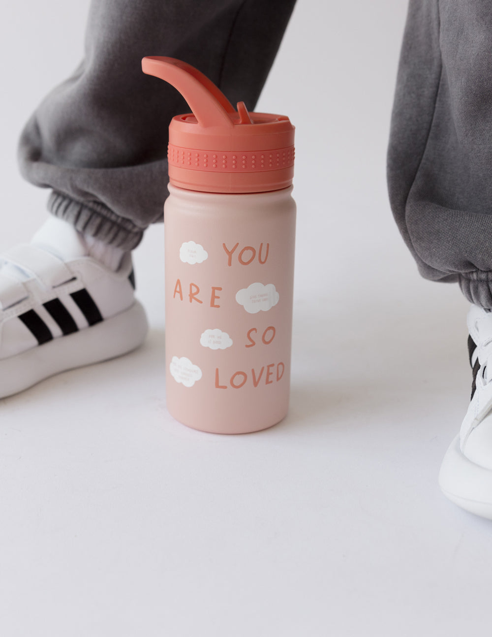 Pink Kids Water Bottle from Elevated Faith with text YOU ARE SO LOVED, perfect for Christian Kids Apparel