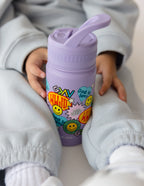 Purple Kids Water Bottle with Fun Stickers promoting Christian Kids Apparel and positivity