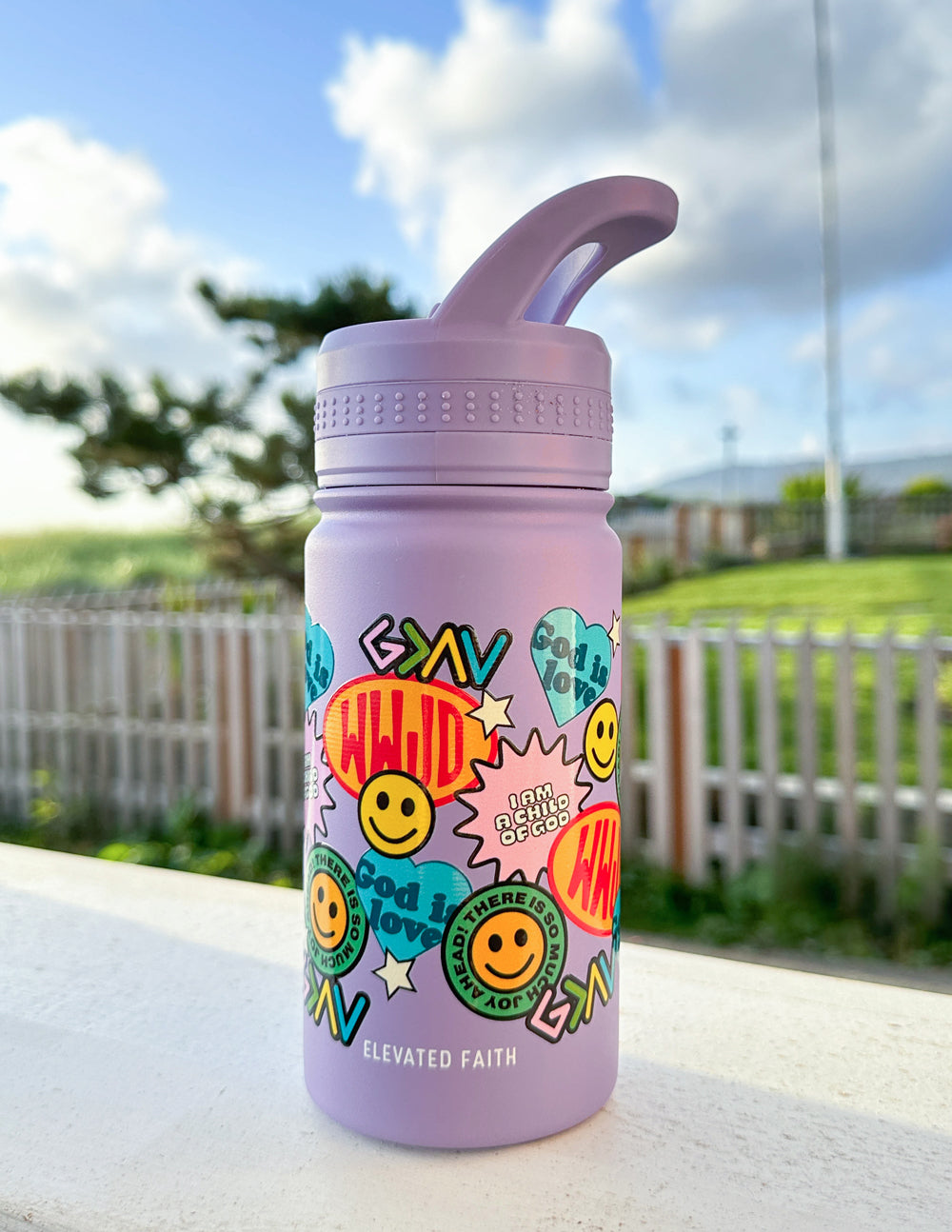 Elevated Faith Kids Water Bottle in Purple with Smiley Faces and Christian Kids Apparel Design
