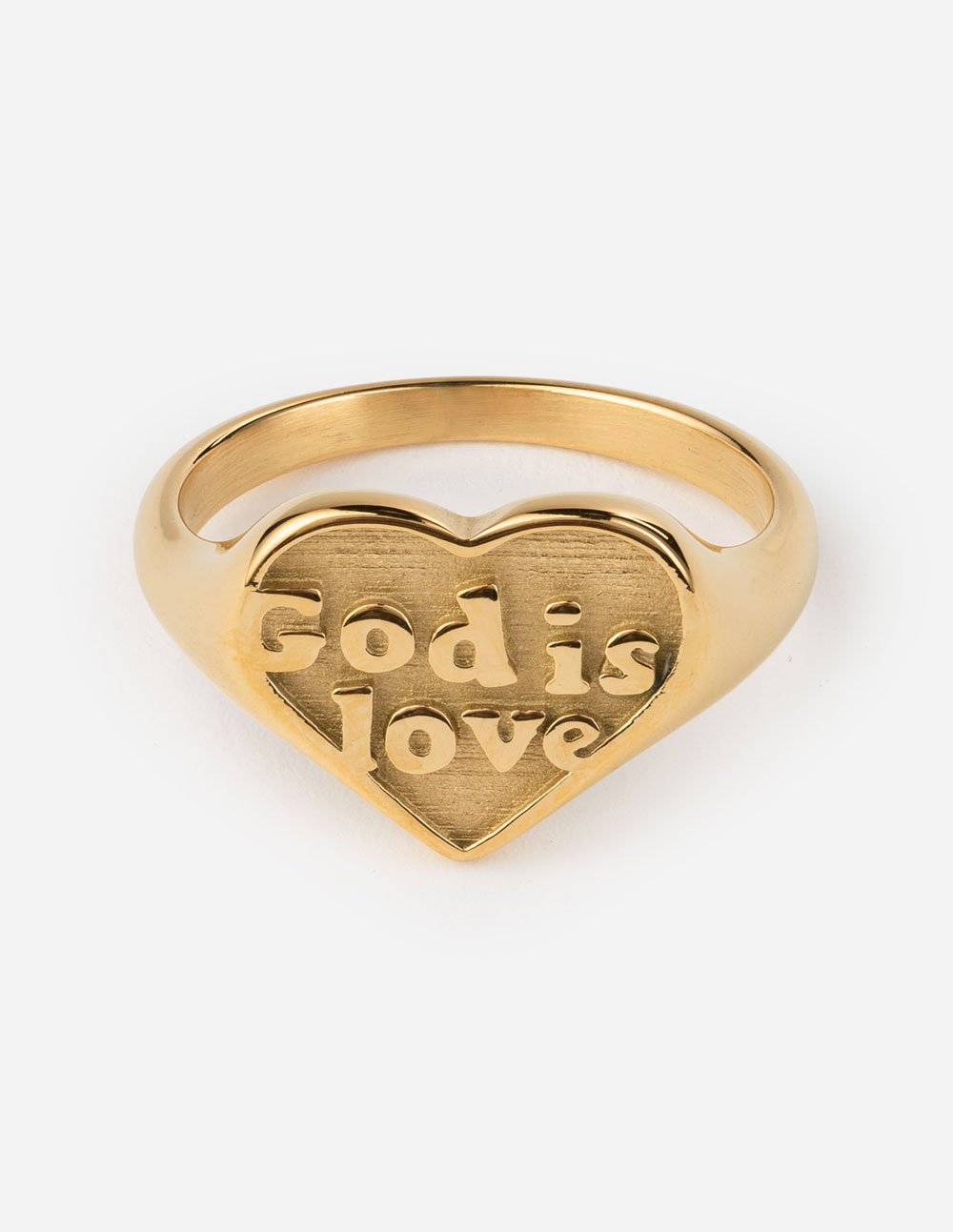 Gold Heart Ring with 'God is Love' inscription, perfect for Christian Jewelry lovers
