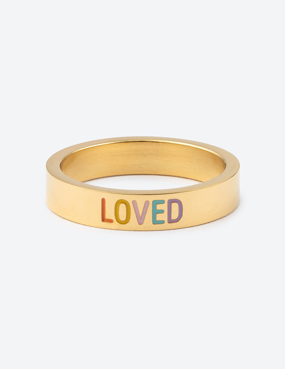 Elevated Faith Gold Ring with 'LOVED' Engraving, a Unique Piece of Christian Jewelry