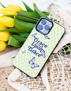 Elevated Faith Christian Phone Case with Grace Upon Grace Design and Butterflies on Green Checkered Background