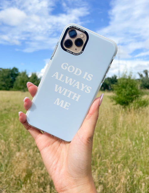 Sky Blue Christian iPhone Case featuring the text God is Always With Me for daily inspiration