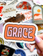 Colorful Christian Stickers featuring the word Grace with a playful design on a mixed background