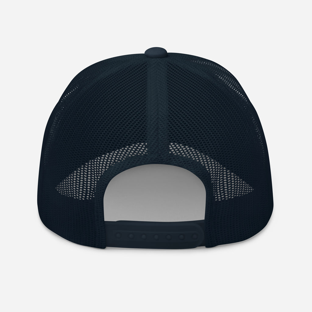 Back view of a navy Christian Embroidered Hat with mesh paneling and adjustable snap closure