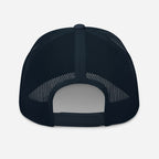Back view of a navy Christian Embroidered Hat with mesh paneling and adjustable snap closure
