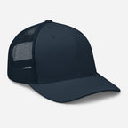 Navy Christian Embroidered Hat with a Classic Trucker Style and Mesh Back for Comfort