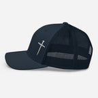 Navy Christian Embroidered Hat with a stylish sword design on the front panel