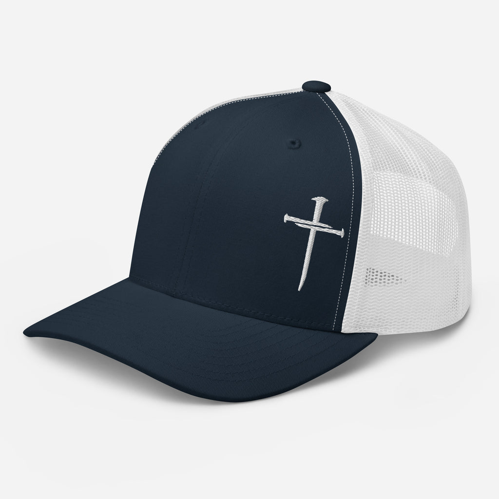 Christian Embroidered Hat with a white cross design on a navy blue front and mesh back