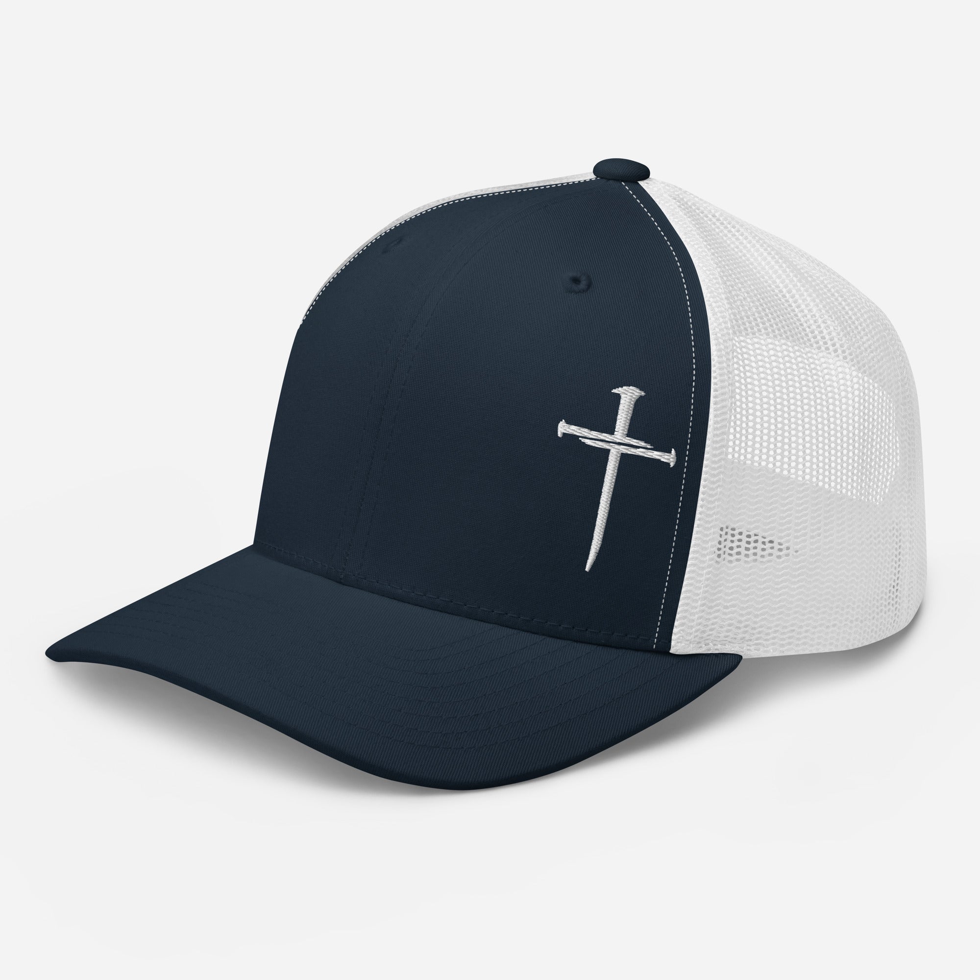 Christian Embroidered Hat with a white cross design on a navy blue front and mesh back