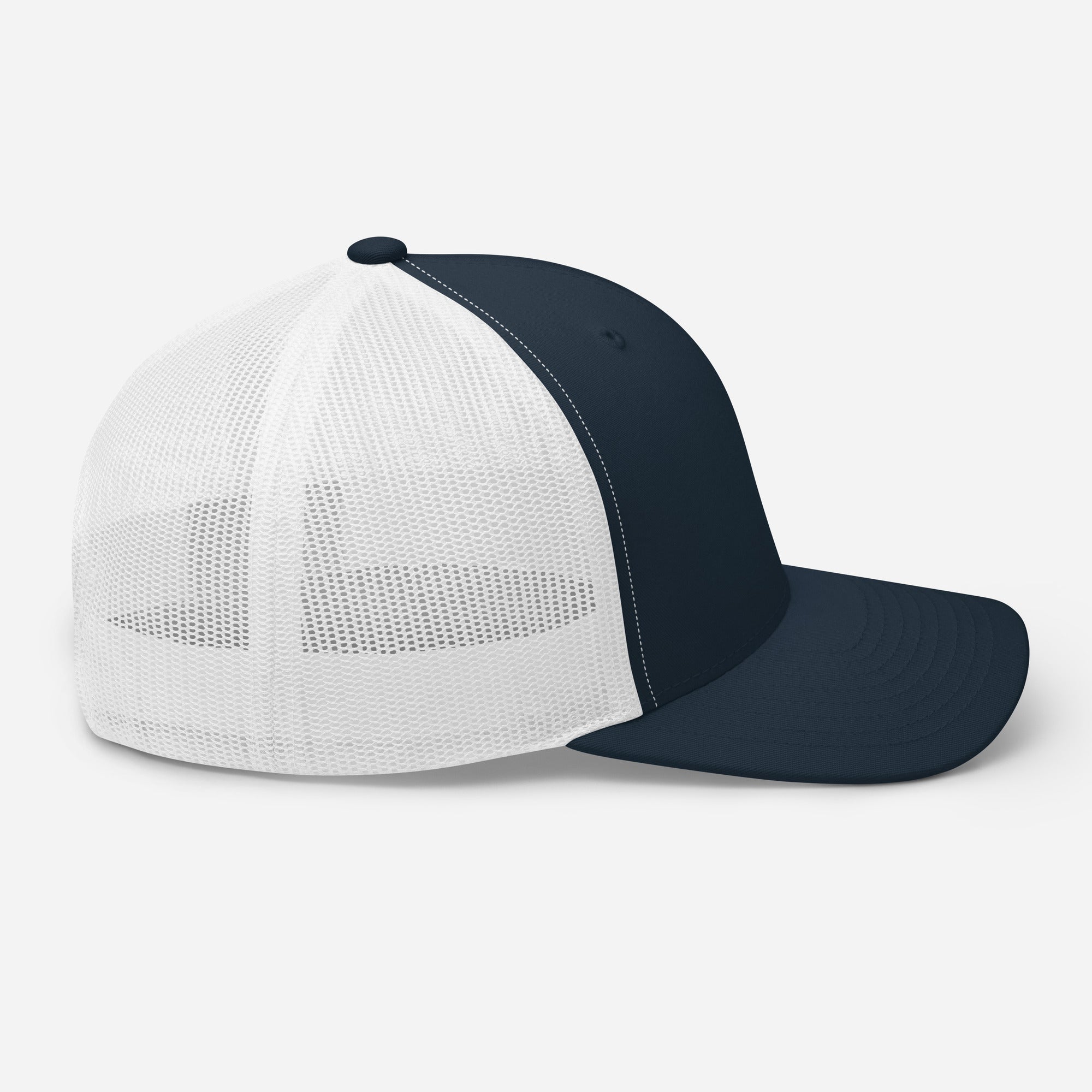 Navy and white Christian Embroidered Hat with a stylish mesh back for comfortable wear