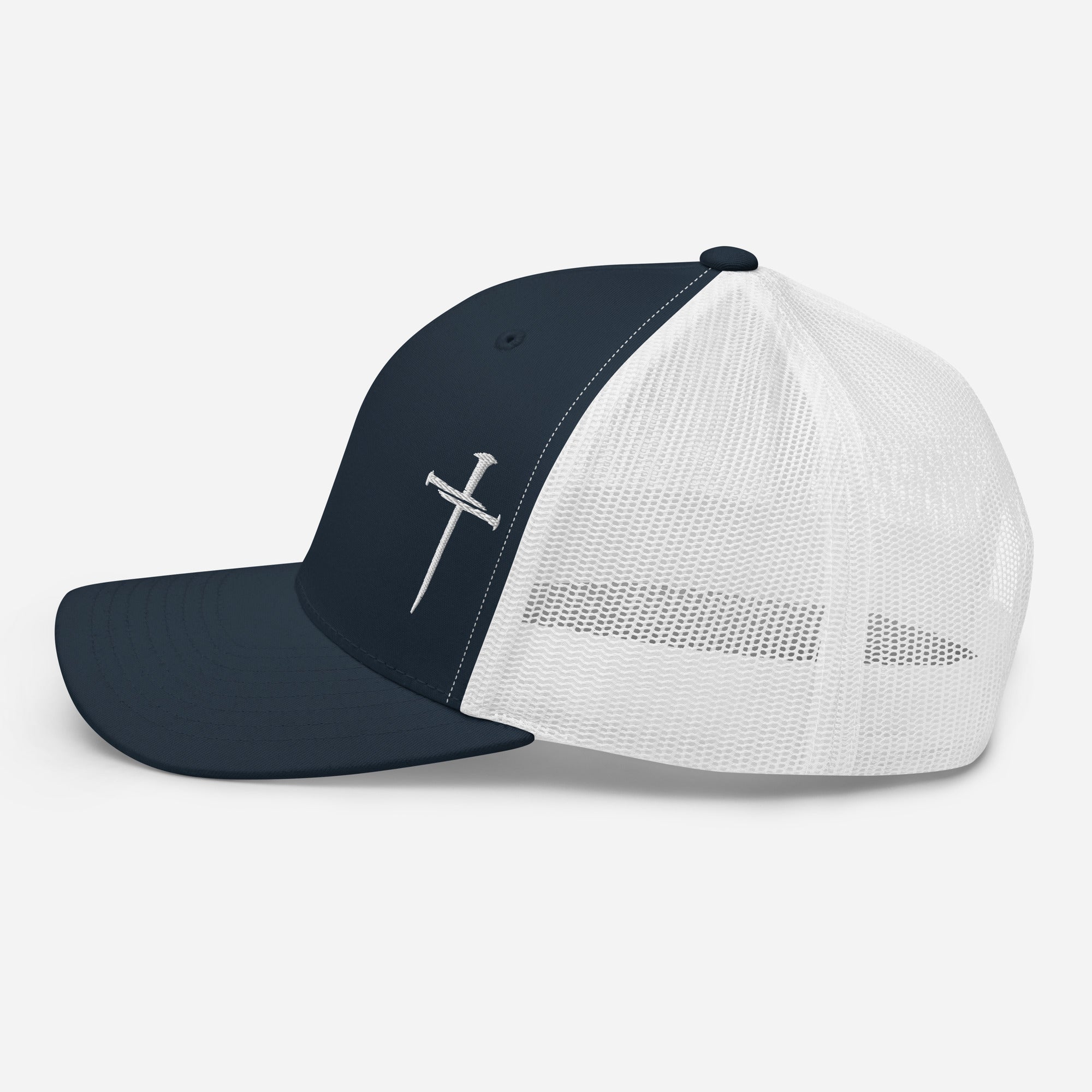 Navy Christian Embroidered Hat with White Mesh Back and Sword Design for Faithful Style