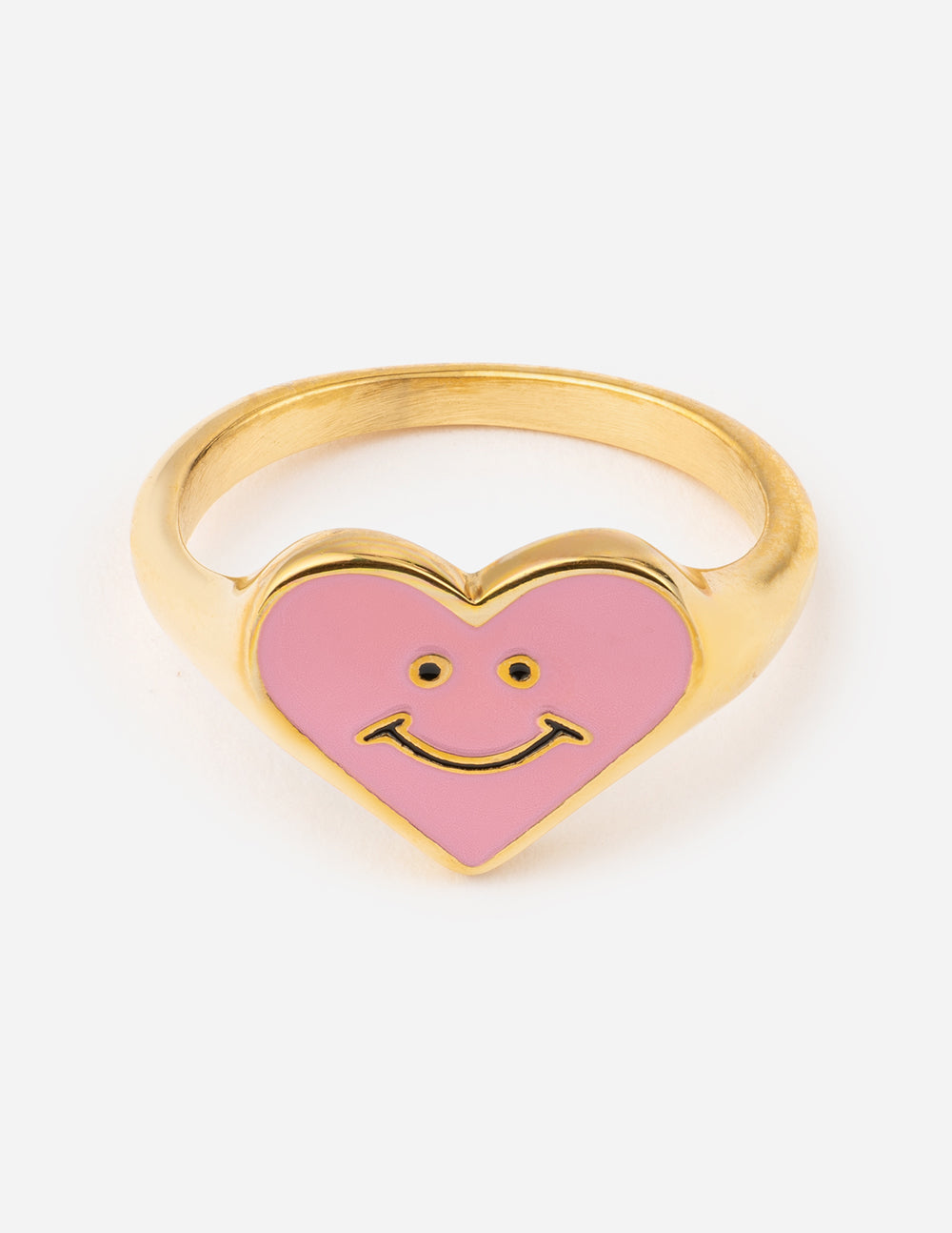 Heart-shaped gold ring with pink smiley face, perfect for Christian jewelry lovers