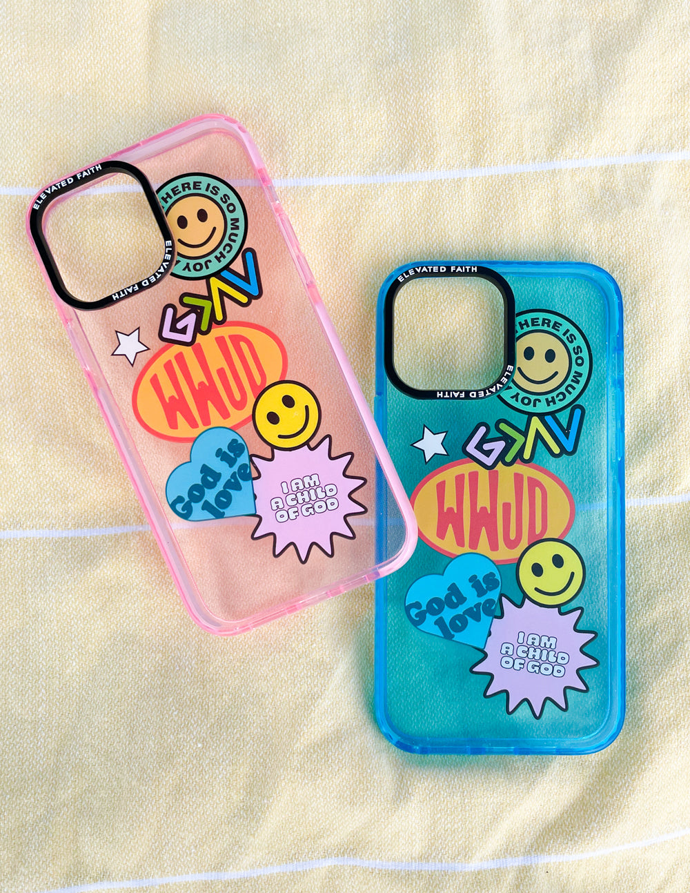 Elevated Faith Christian Phone Case in Pink and Blue with Inspirational Stickers and Smiley Faces
