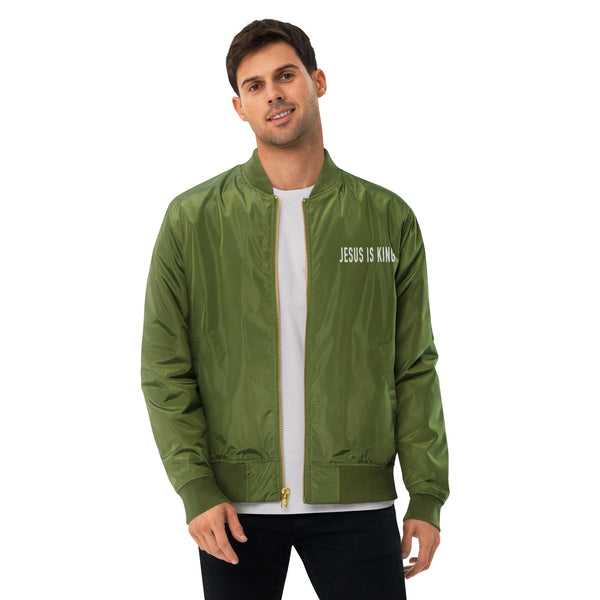 Jesus Is King Embroidered Premium recycled bomber jacket, Unisex Christian Jacket