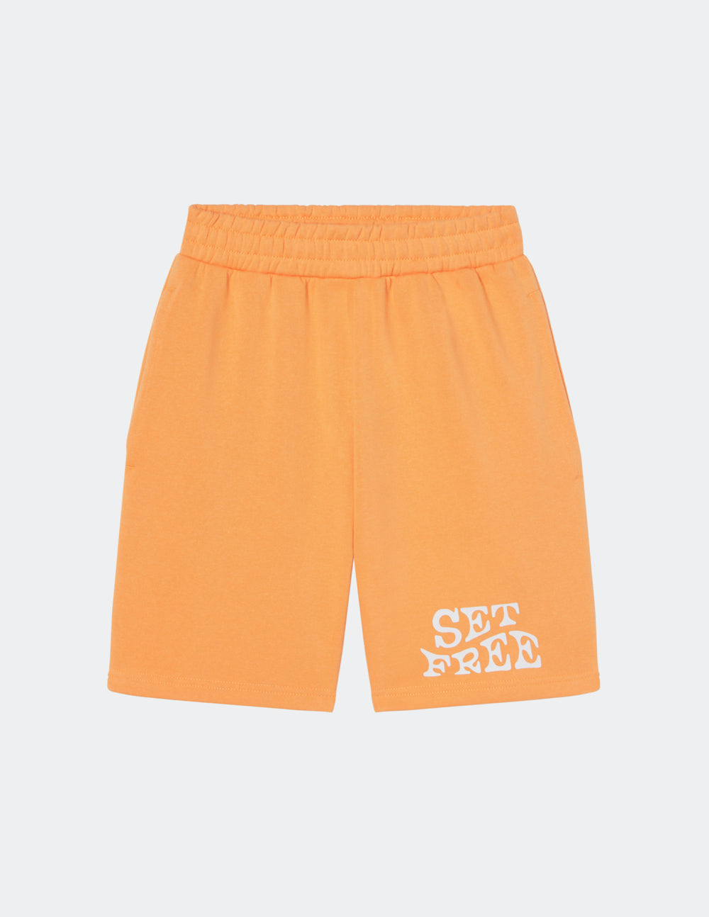 Elevated Faith Christian Shorts in Bright Orange with Set Free Text Design
