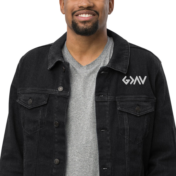 God Greater Than Highs and Lows Embroidered Unisex denim jacket, Christian Jacket