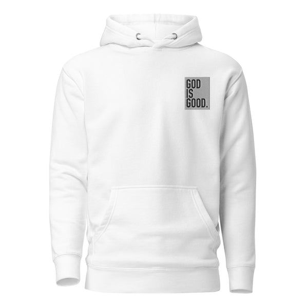 God Is Good White Boxed Embroidered Unisex Hoodie, Christian Hoodie