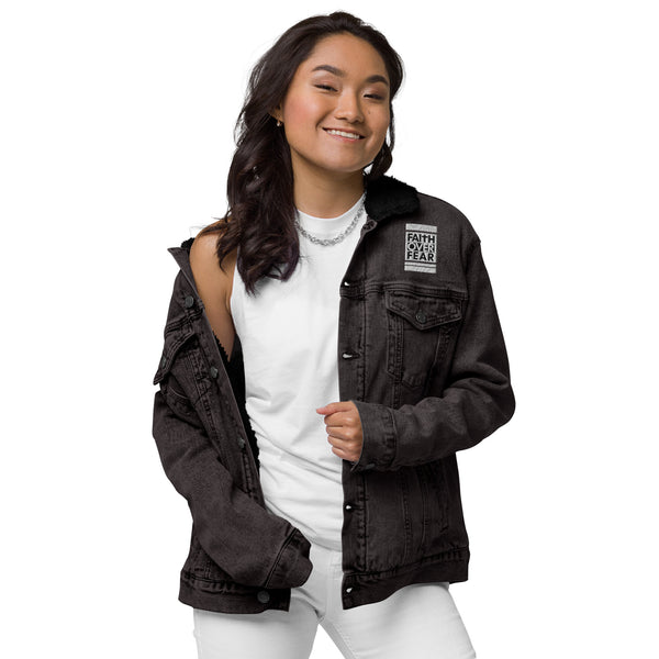 Faith Over Fear Embroidered Unisex denim sherpa jacket, Christian Jacket