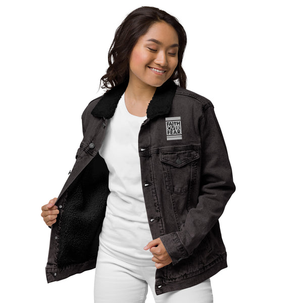 Faith Over Fear Embroidered Unisex denim sherpa jacket, Christian Jacket