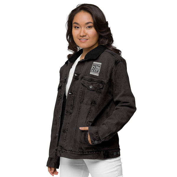 Faith Over Fear Embroidered Unisex denim sherpa jacket, Christian Jacket