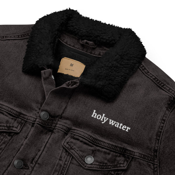 Holy Water Embrodiered Unisex denim sherpa jacket, Christian Jacket