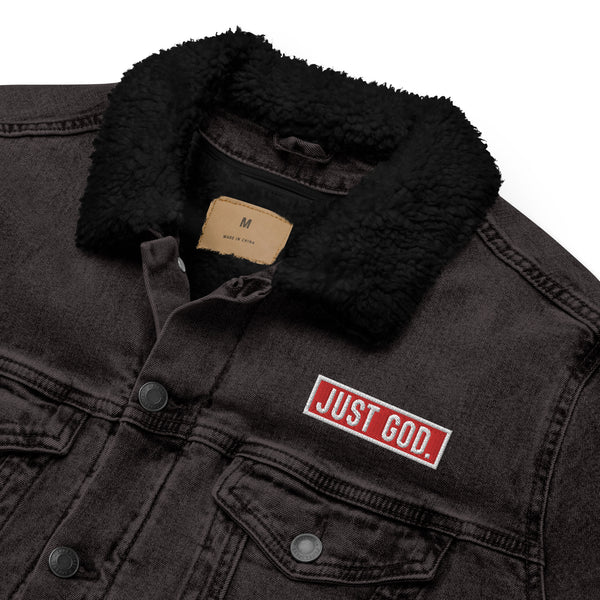 Just God Embroidered Unisex denim sherpa jacket, Christian Jacket