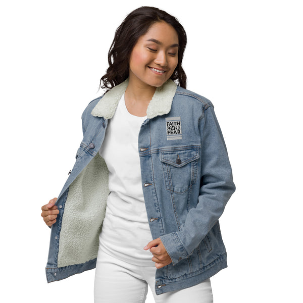 Faith Over Fear Embroidered Unisex denim sherpa jacket, Christian Jacket