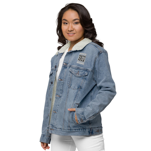 Faith Over Fear Embroidered Unisex denim sherpa jacket, Christian Jacket