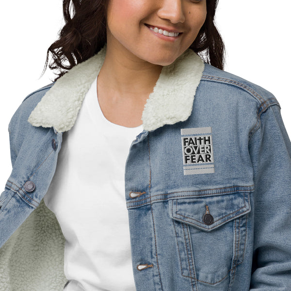 Faith Over Fear Embroidered Unisex denim sherpa jacket, Christian Jacket