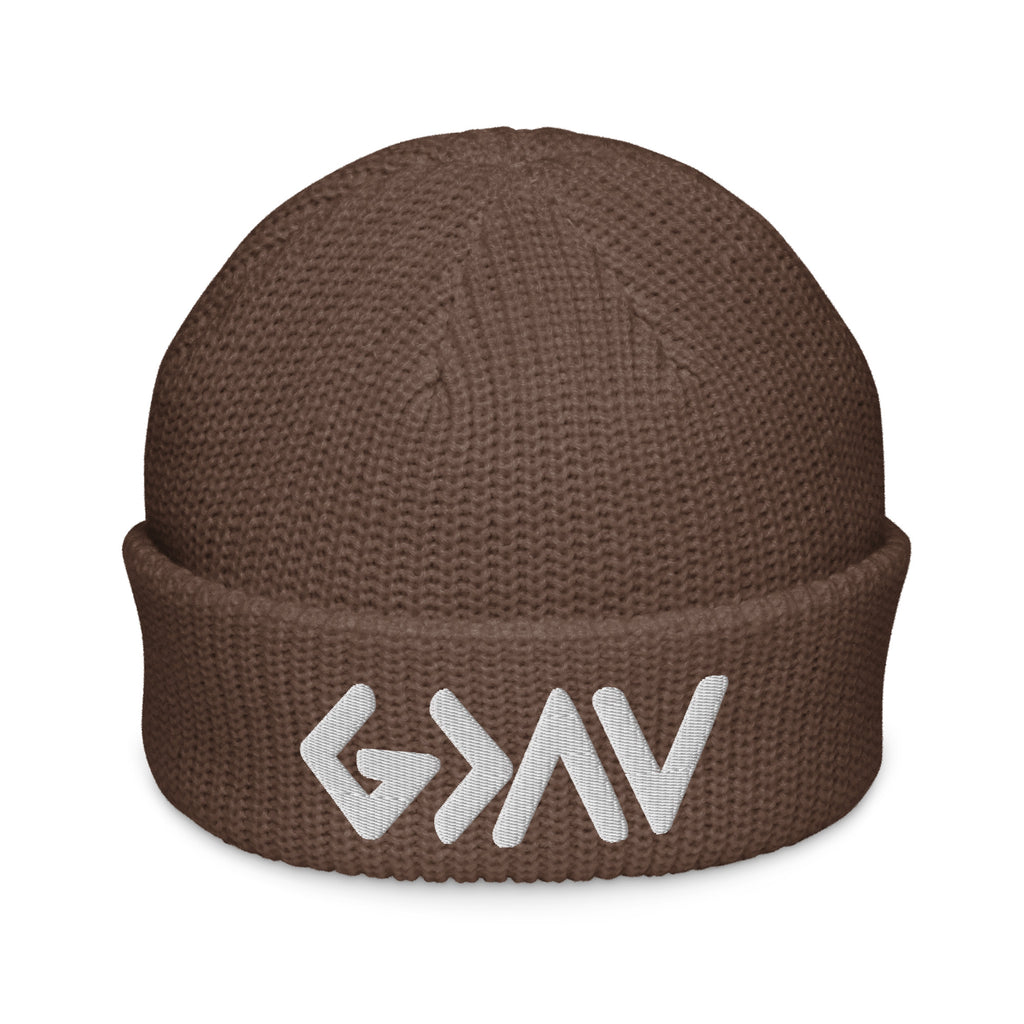 Brown Christian Beanie with a stylish knit design and contrasting logo detail