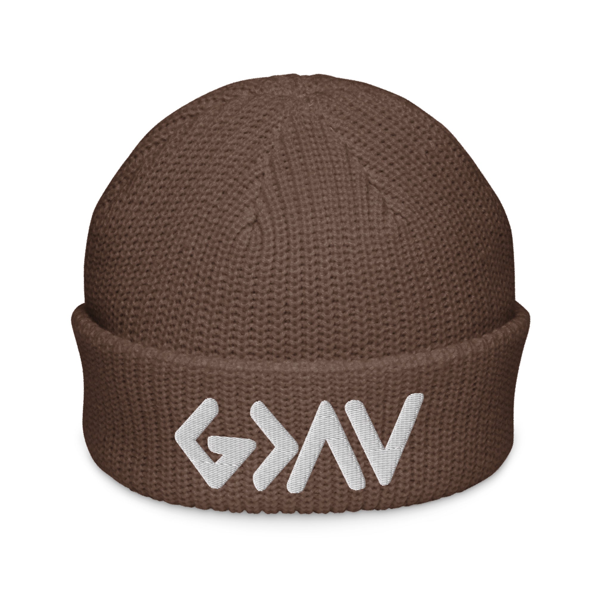 Brown Christian Beanie with a stylish knit design and contrasting logo detail