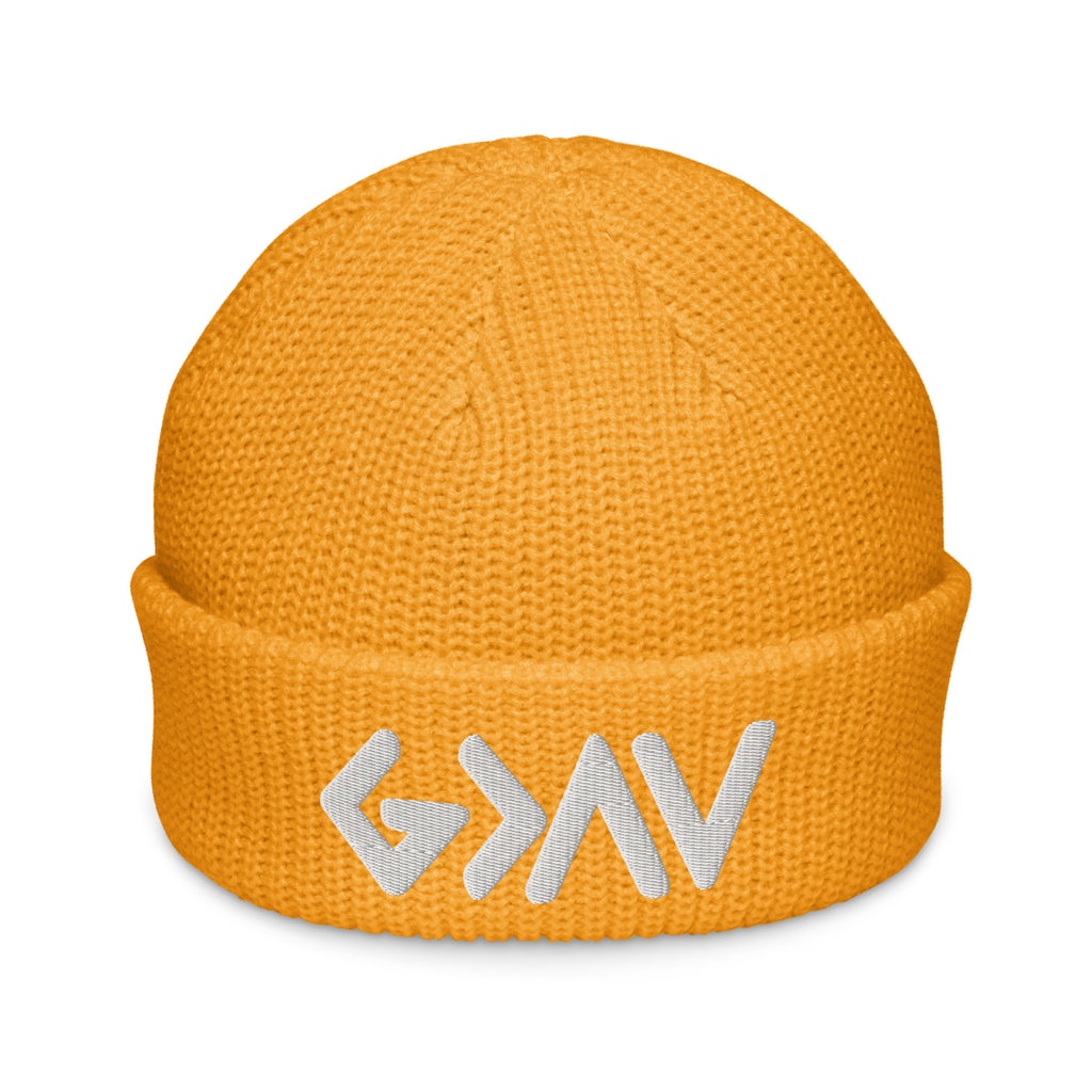 Bright orange Christian Beanie with stylish knit design and embroidered logo