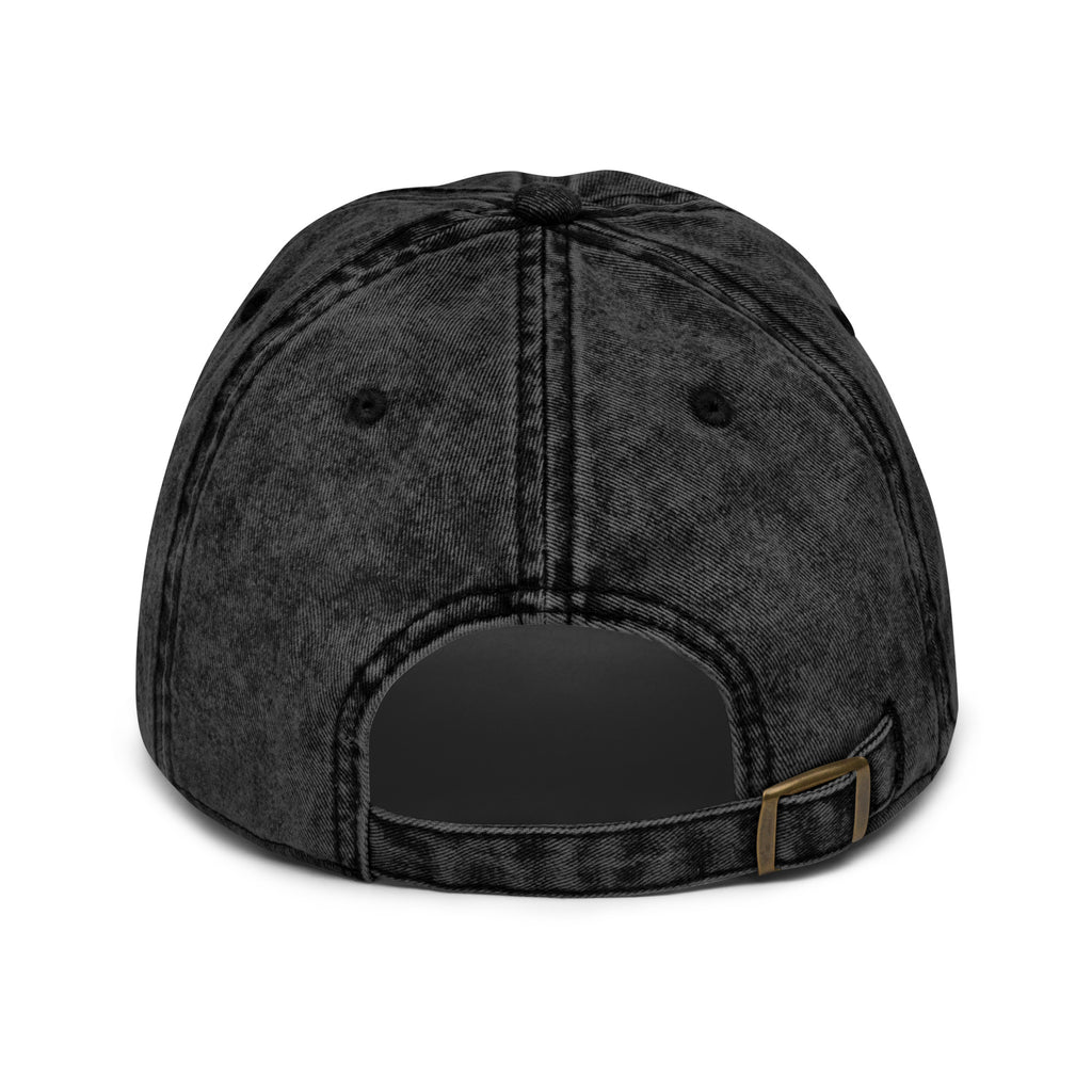 Back view of a black denim Christian Embroidered Hat with an adjustable strap for a comfortable fit