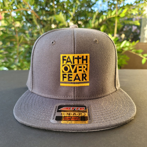 Faith Over Fear, Gold and Black Embroidered Snapback - Christian Hat
