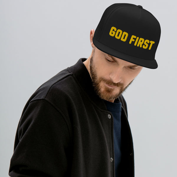 God First, Gold 3d Puff Embroidered Trucker Cap - Christian Hat