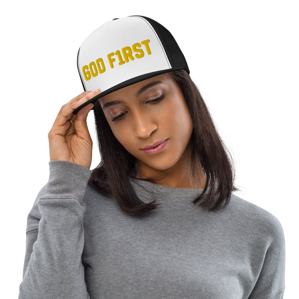 God F1rst (God First) Gold Thread 3d Puff Embroidered Trucker Cap - Christian Hat