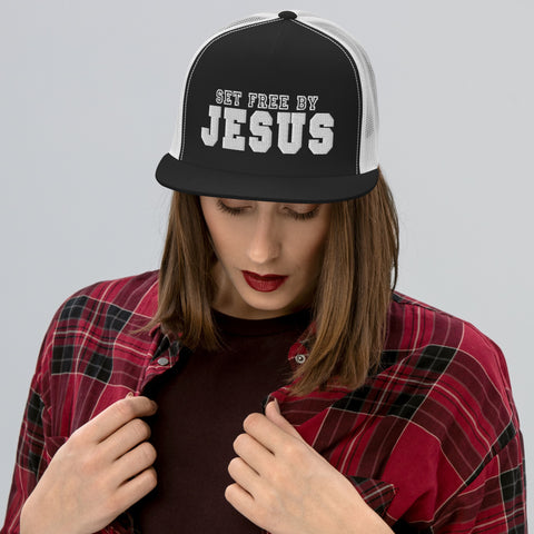 Set Free By Jesus 3d Puff Embroidered Trucker Cap - Christian Hat