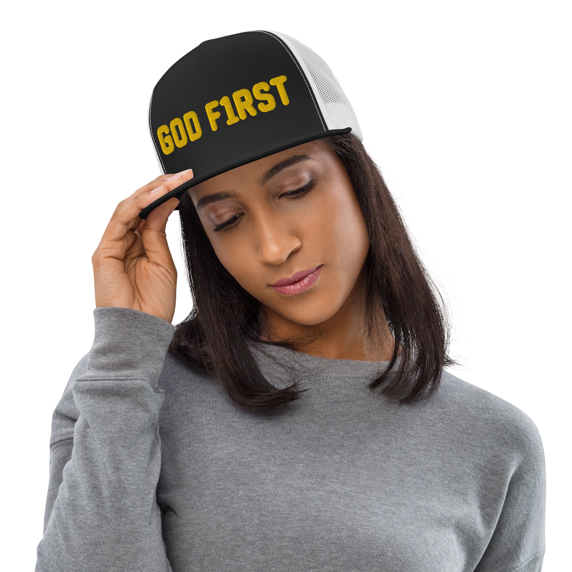 God F1rst (God First) Gold Thread 3d Puff Embroidered Trucker Cap - Christian Hat
