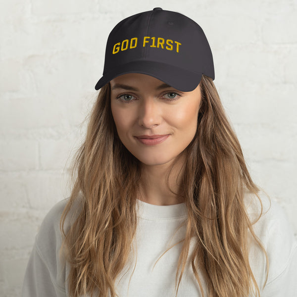 God F1rst (God First) Gold Embroidered Dad hat - Christian Hat