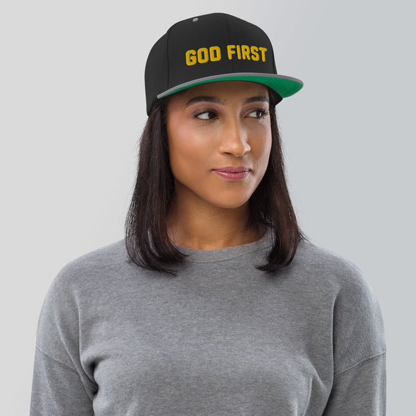 God First, Gold 3d puff Embroidered Snapback Hat - Christian Hat