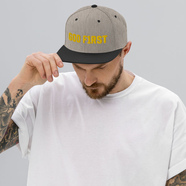 God F1rst (God First), Gold 3d puff Embroidered Snapback Hat - Christian Hat