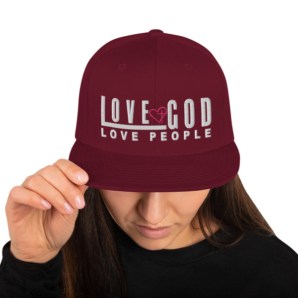 Love God, Love People, White and Pink Thread Embroidered - Christian Hat
