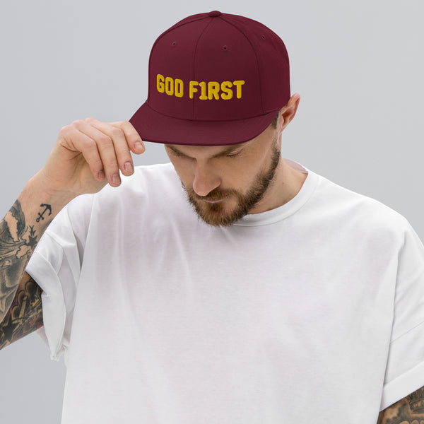 God F1rst (God First), Gold 3d puff Embroidered Snapback Hat - Christian Hat